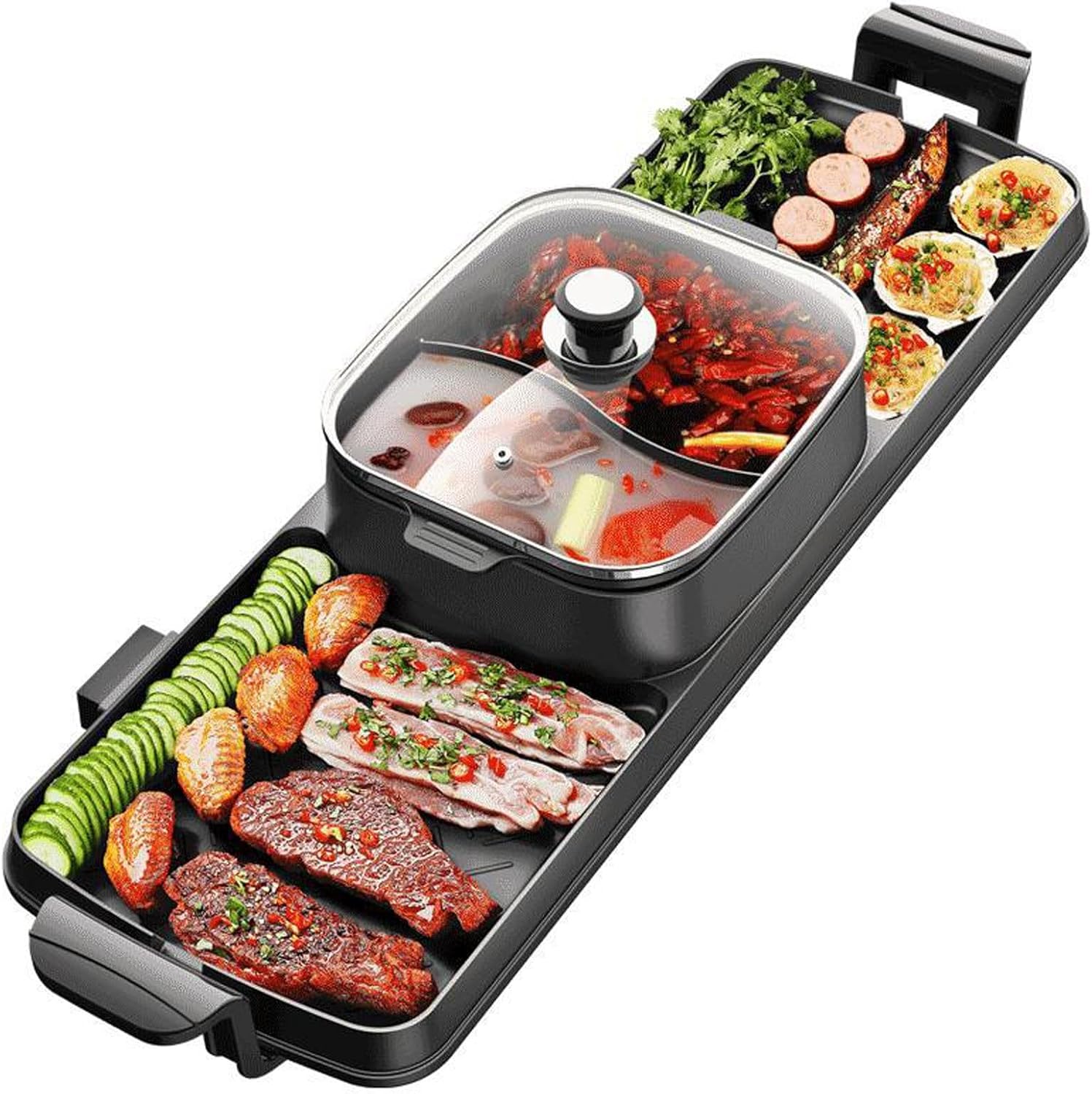 Hotpot Grill,Indoor Smokeless Korean BBQ,Shabu Shabu Electric Hot Pot with Divider,Table Party BBQ and Hot Pot for 6-8 People