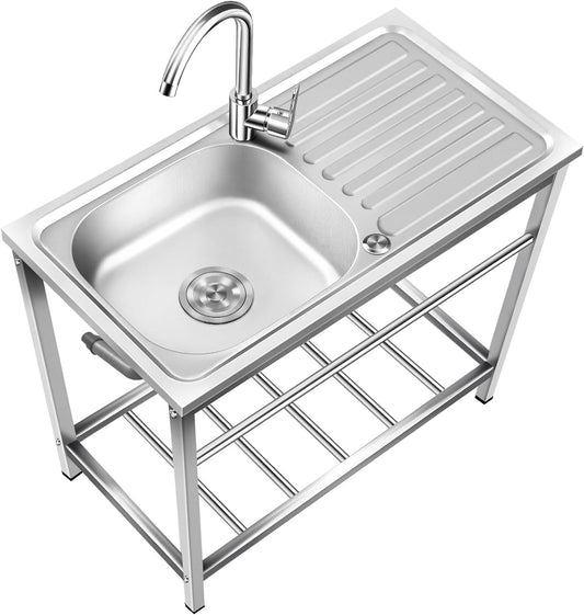 Outdoor Free Standing Sink, Utility Stainless Steel Kitchen Single Bowl Washing Hand Basin Station Sink with Drainboard and Faucet, for Restaurant, Cafe, Bar, Hotel, Garage, Laundry Room, Sink (Color