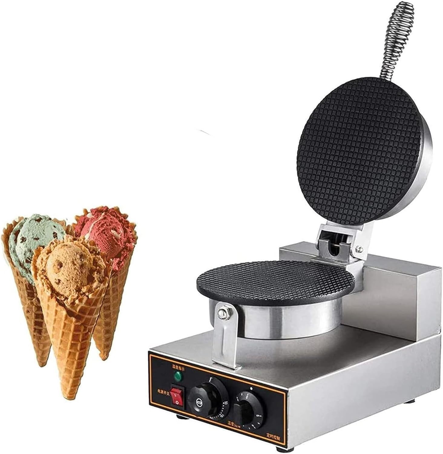 Commercial Waffle Cone Maker, Electric Ice Cream Cone Maker, With 50~250°C Temperature Control and Time Control, with 8.1” Non-stick Baking Tray, for Holiday Parties & Gift Giving