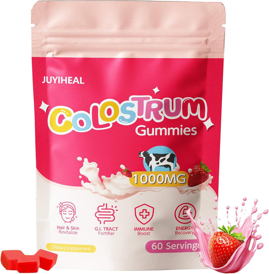 JUYIHEAL Colostrum Gummies, 1000 mg Grass Fed Colostrum Chews Colostrum Supplement for Gut Health, Hair Growth, Beauty, and Immune Support, Strawberry Flavor 60 Servings