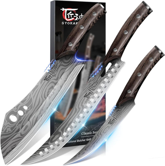 SYOKAMI Butcher Knife Set, 3 PCS Kitchen Knife for Meat Cutting, Cleaver, Breaking & Boning Knife, Japanese Style High Carbon Steel Kitchen Knife for Chopping, Slicing, Deboning, House Warming Gifts