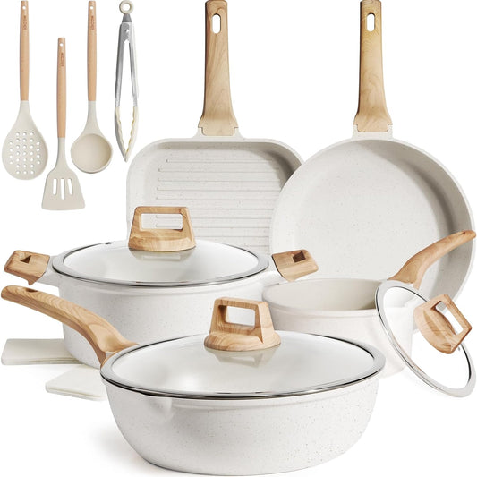 Kikcoin 16Pcs Pots and Pans Set Nonstick Ceramic Cookware Sets Induction Kitchen Cooking Set Non toxic Healthy Non Stick w\/Grill Pan,Saute Pan, Ceramic White