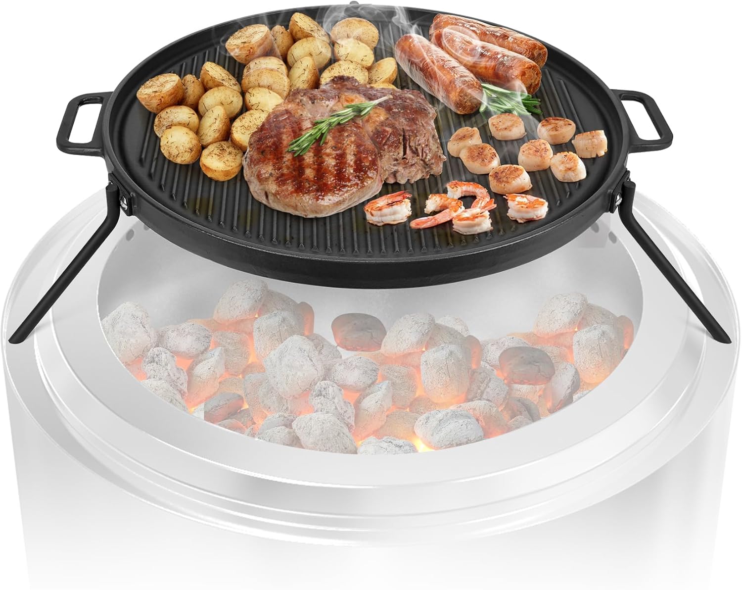 Onlyfire Cast Iron Griddle, Grill Cookware for Solo Stove Bonfire 19.5" Fire Pit and Yukon fire Pit, Portable Round Iron Pan with 3 Removable Legs for Outdoor BBQ Cooking & Camping