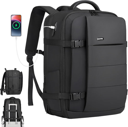 DEVPNR Travel Laptop Backpack for Men Women, 41L Expandable Backpack with USB Charging Port, Airline Approved Carry on Backpack, 17.3 Inch Laptop Backpack for Trip Bussiness College (Classic Black)