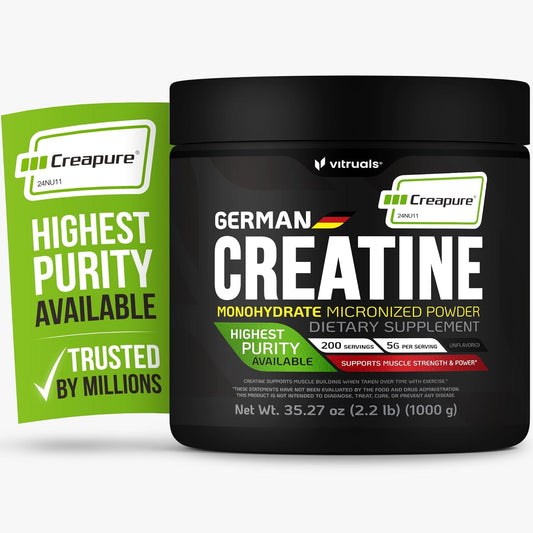 VITRUALS Creapure Creatine Monohydrate Powder \u2013 35.27oz (2.2lb) (1000g) German Creatine \u2013 Ultra-Pure for Strength & Recovery \u2013 100% Made in Germany \u2013 with Scoop \u2013 Vegan, Keto-Friendly, Gluten-Free