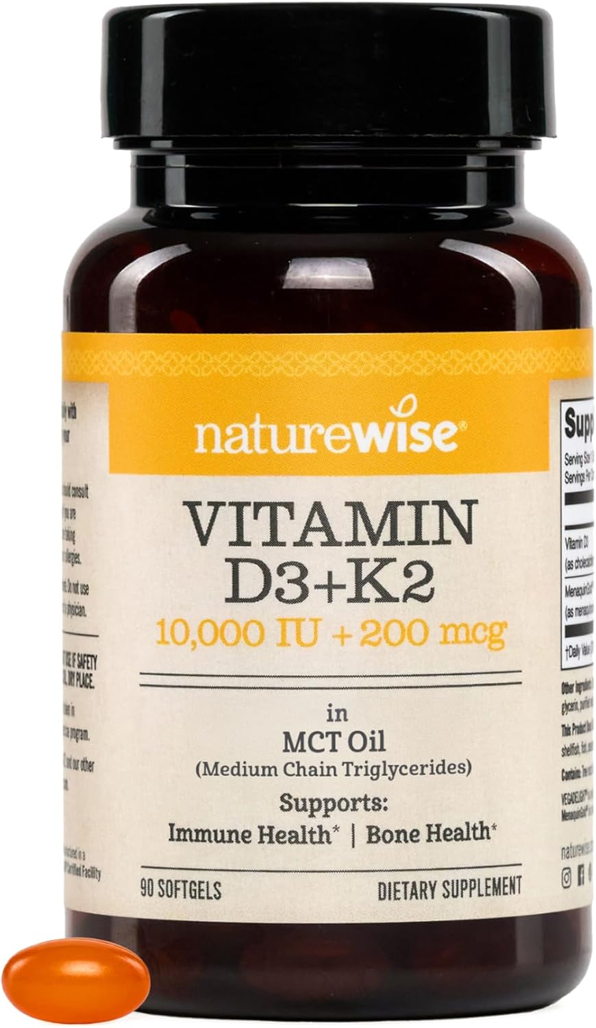 NatureWise Vegan Vitamin D3 + K2 in Organic Coconut MCT Oil - Organic D3 10000IU + Natural K2 100mcg - High Absorption Bone Support - Non-GMO - USA Manufactured - 90 Softgels[90-Day Supply]