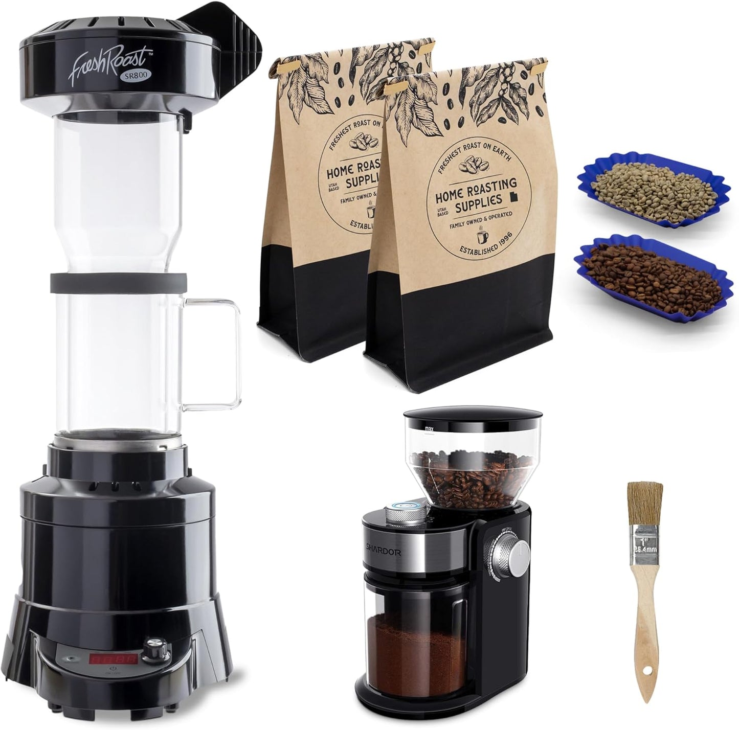 Fresh Roast Coffee Roaster Bundle SR800, Glass Extension Tube, Burr Grinder, (2 Lbs) Sample Pack of Green Beans, (2- pack) Sample trays
