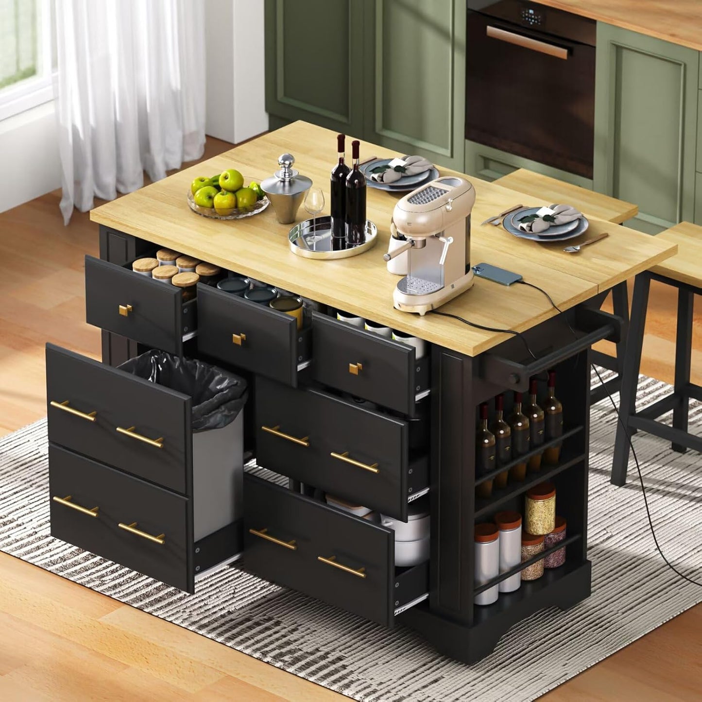 bytnghy Kitchen Island with Pull Out Trash Can Storage & Power Outlet, Rolling Kitchen Island on Wheels with Drop Leaf & 6 Drawers for Utensil Storage, 5 Open Side Racks for Dining Room, Black
