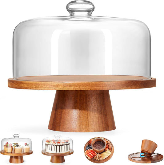 Wooden Cake Stand with Lid, Acacia Cake Stand with Glass Dome, 11-Inch Versatile Dessert Stand with Strong Magnetic Pedestal, Cake Holder for Birthday/Kitchen/Party/Charcuterie
