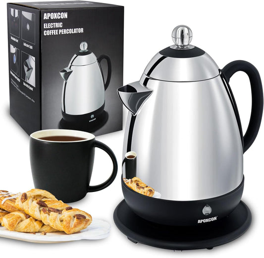 Electric Coffee Percolator Stainless Steel Coffee Maker with Clear Brew Progress Knob and No-Drip Spout Auto Keep Warm & Cordless Serving Coffee pot with On/OFF Switch Fast Brew (10 Cup)