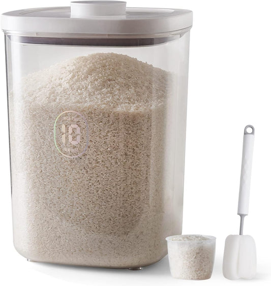 LivLab 20-25 lbs Rice Dispenser,10.5 Qt\/10 L\/22-25 lbs Rice Container Storage with Measuring Cup & Brush Food Cereal Container Bins Household for Kitchen Pantry Organization (AY-10KG-WHITE)