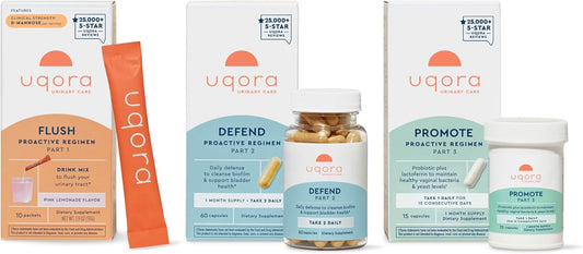 Uqora Complete Regimen with Flush, Defend & Promote - Urinary Tract Support with D-Mannose, Vitamin C, Green Tea Extract, Probiotics & More - Comprehensive Bladder Health Support* - 3-Part Bundle