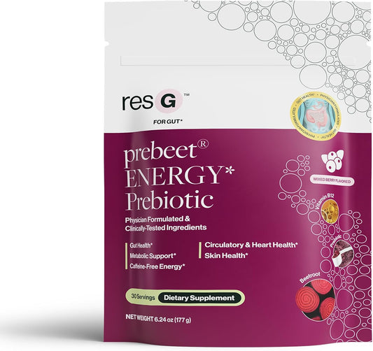 ResBiotic resG prebeet - Prebiotics Drink for Digestion, Occasional Constipation, Gas, Bloating with Akkermansia & GLP-1 Support w\/Beet Root & Fiber, Gut Health for Women & Men - 180g (30 Servings)