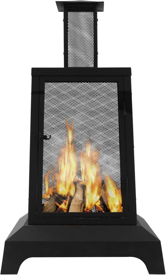 43 Inch Chiminea Fire Pit with Grill Grate and Spark Screen Cover for Outside Patio Backyard Deck Porch Camping Black ﻿
