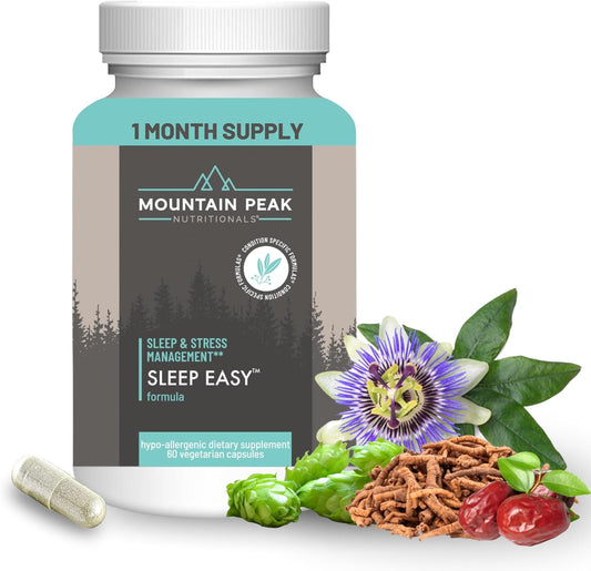 Mountain Peak Nutritionals Sleep Easy - Sleep Support Supplement Promoting A Relaxed & Calm Mood - 5-HTP, Amino Acids, Melatonin, & Magnesium - Hypoallergenic Dietary Supplement (60 Capsules)