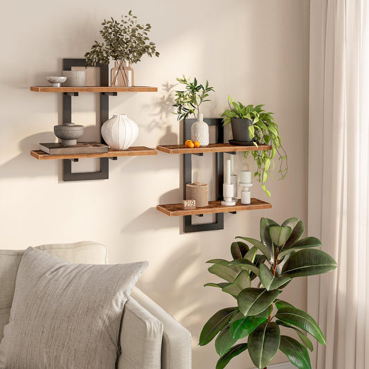 HOOBRO Floating Shelves, 15 Inch Wall Shelf Set of 2, Wall Mounted Storage Shelves 2-Tier, Hanging Bathroom Shelves, for Living Room, Bedroom, Bathroom, Kitchen, Rustic Brown and Black BF32BJ01