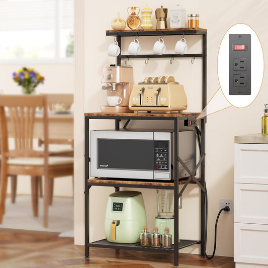 Korfile Kitchen Bakers Rack with Power Outlet, Small Coffee Bar Cart 4 Tiers, Microwave Stand Station with 8 S Hooks, Adjustable Shelf, Freestanding Kitchen Appliance Organizer, Rustic Brown