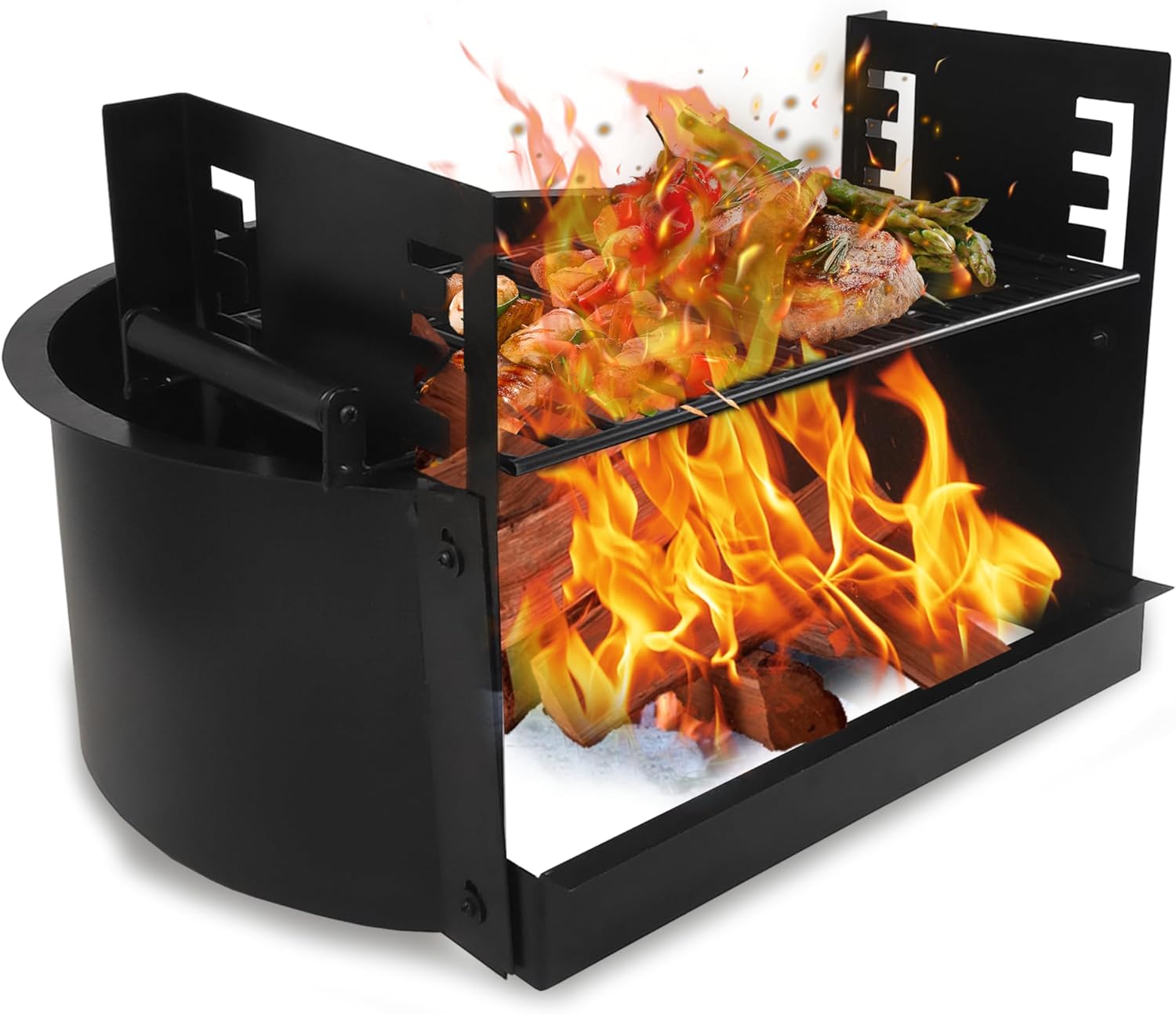 FEBTECH - Wood Burning Fire Pits For Outside - Alloy Steel 31" Fire Pit Insert Ring Liner with Adjustable Cooking Grill Grate - Outdoor Fire Pits With Cooking Grate For Fireplace, Bonfire or Campfire