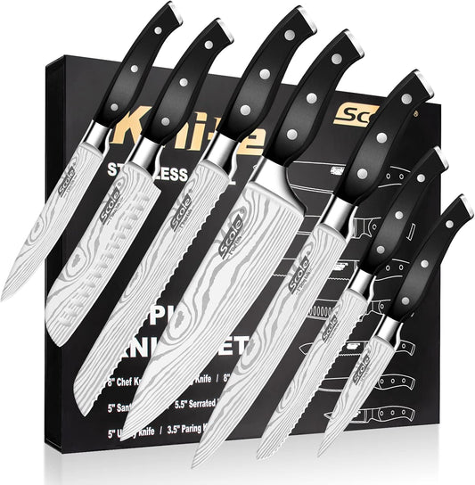 SCOLE® Chef Knife Ultra Sharp Kitchen Knife Set 7-Piece, Premium German 1.4116 Stainless Steel Chefs Knife Set, Ergonomic Handle Professional Knives Set for Kitchen with Gift Box