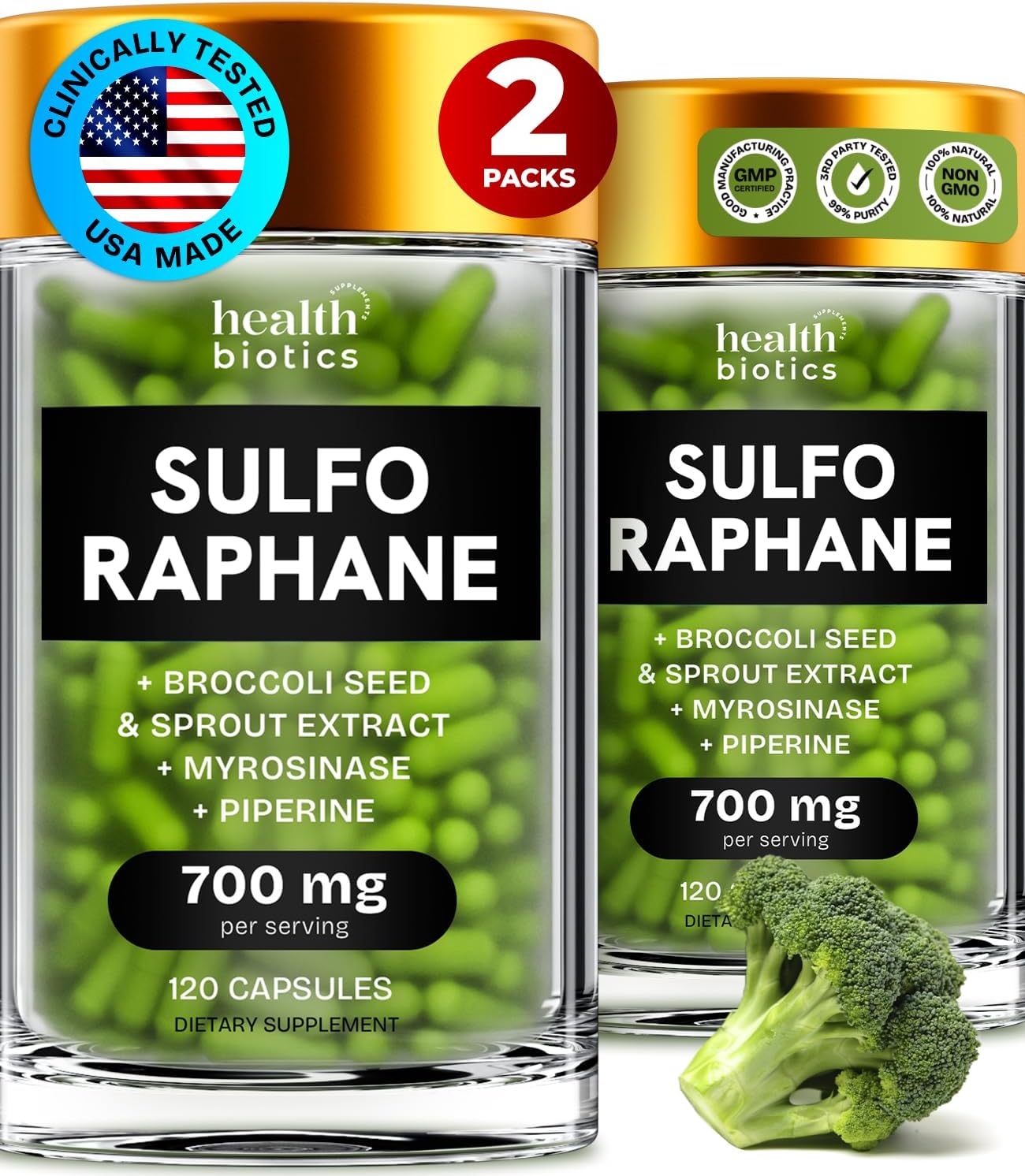 Healthbiotics Sulforaphane Supplement Organic Broccoli Sprouts | Stabilized Sulforaphane Kids & Adult | from Broccoli Florets & Seeds | Organic Sulfur Supplements 240 Pills | 2 Packs