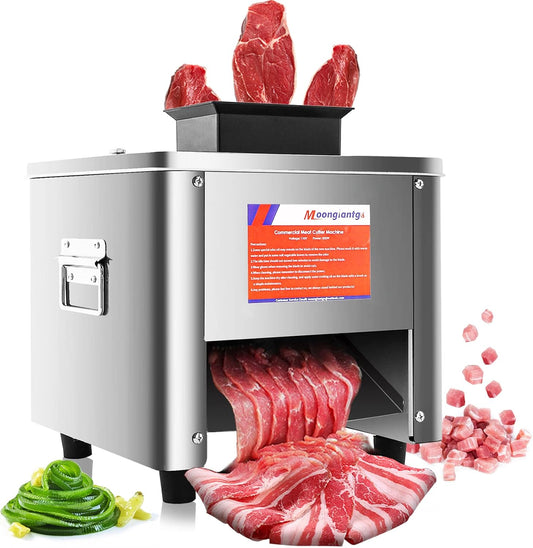 Moongiantgo Commercial Meat Cutter Cutting Machine 331 LB/H Electric Stainless Steel Meat Strips Cubes Dicer Vegetables Slicer for Restaurant Meat Shop (21mm Blade, Single Feed Inlet)
