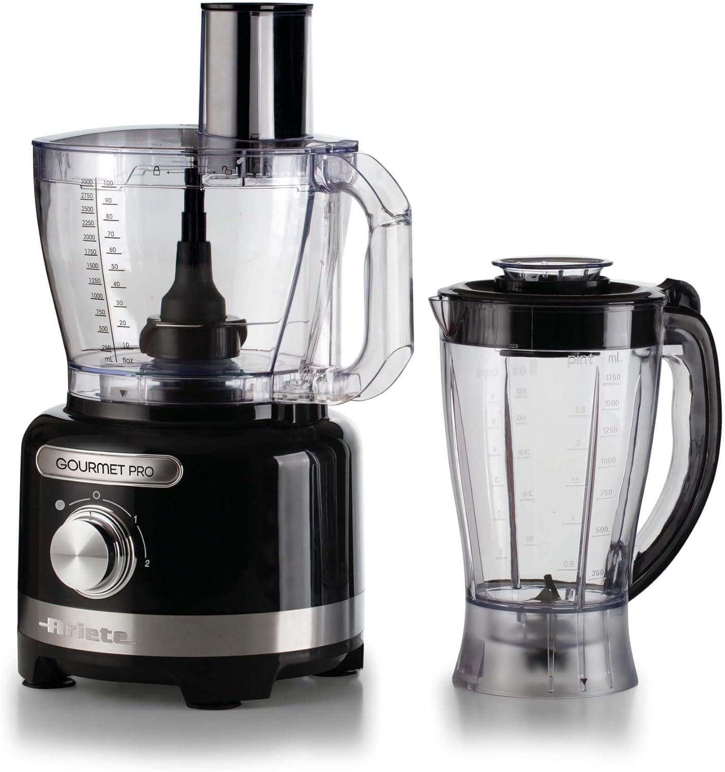 Ariete 1782 Gourmet Pro Moderna Food Processor, 3 Litre Chopper, 2 Litre Mixer, 2 Speeds + Pulse, Knife Set + Stainless Steel Disc, Juicer Accessories, Black