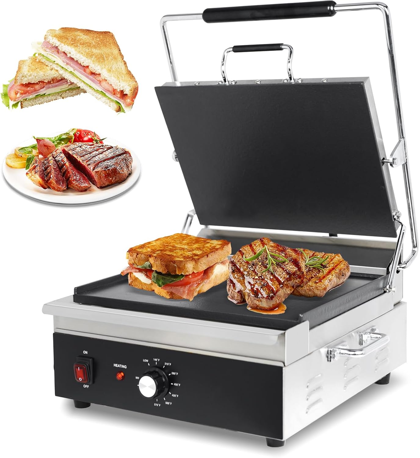 EASYROSE Dual-Sided Flat Panini Press & Grill, Makes 3 Sandwiches at Once, 15"x11" Cast Iron Plates, 1800W, 32-572°F Adjustable Temp Control for Home & Commercial Use(CPF-175)