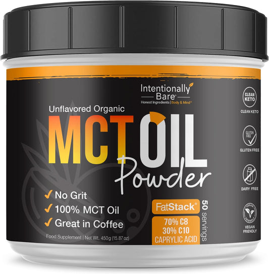 Intentionally Bare Keto MCT Oil Powder - 70% C8 & 30% C10 Medium Chain Triglycerides from Coconut Oil - Ideal for Keto Coffee, Shakes & Smoothies \u2013 Clean Energy, Mood, Focus & Metabolism - Unflavored