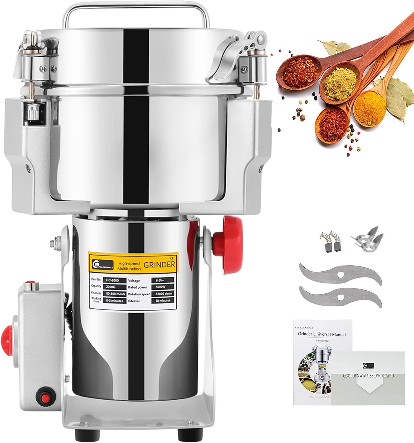 CGOLDENWALL 2500g Commercial Spice Grinder Electric Grain Mill Grinding Machine for Various Grains Wheat Flour Mill Pulverizer CE Approved 110V 3600W