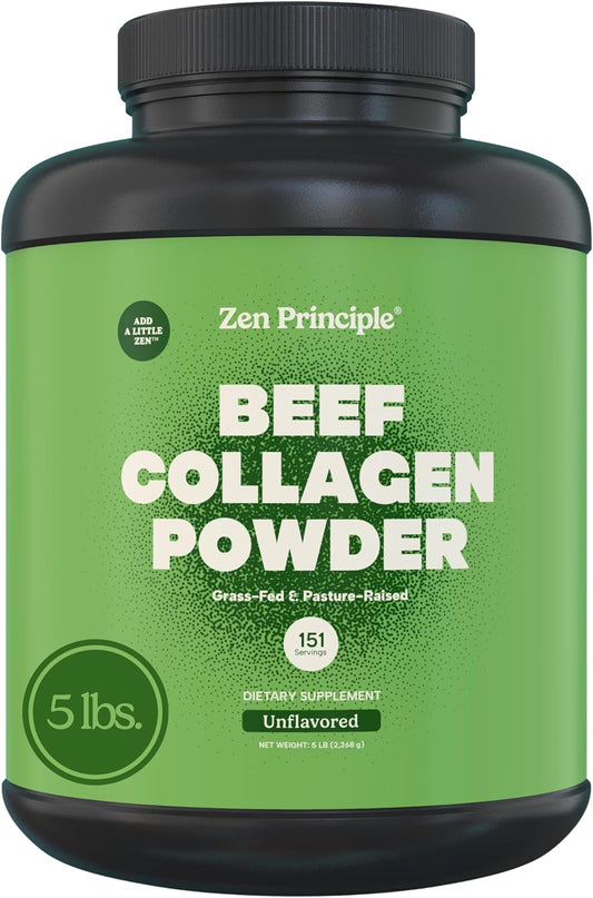 Zen Principle Grass-Fed Agglomerated Collagen Peptides 5 lb. Anti-Aging Hydrolyzed Protein Powder for Healthy Hair, Skin & Joints. Paleo and Keto Friendly, GMO and Gluten Free, Pasture-Raised Bovine.