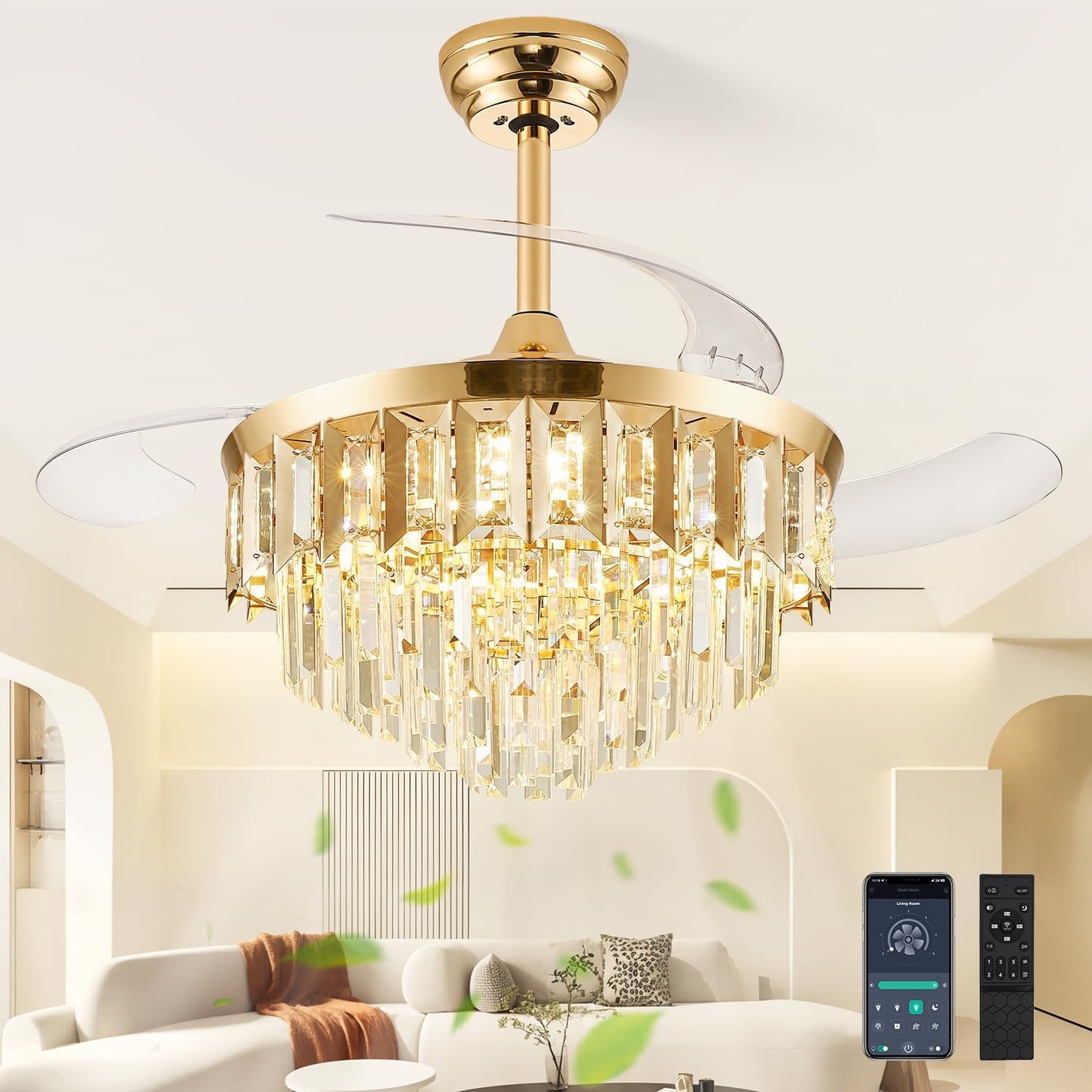 TXCSLY 48" Fandelier Ceiling Fan with Light, Crystal Chandelier Fan with Retractable Blades LED Dimmable Crystal Ceiling Fan Chandelier for Bedroom Living Room Dining Room-Gold