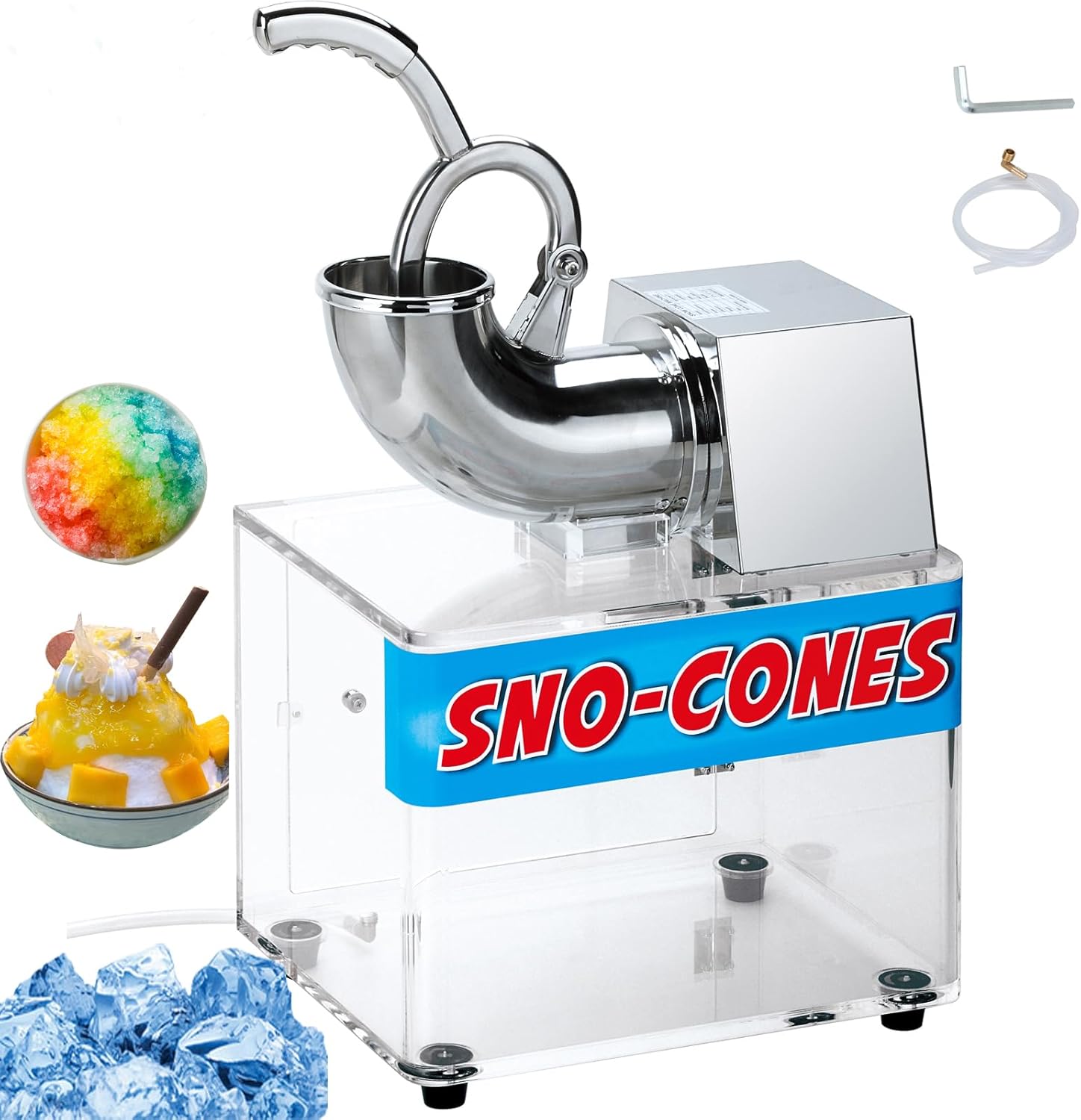 SNICE Snowflake machine Shaved Ice Machine Acrylic Big Storage Box Snow cone machines SS Blades ETL plug Commercial Smoothies Ice Crusher Party Use or Business Use Ice Shaver