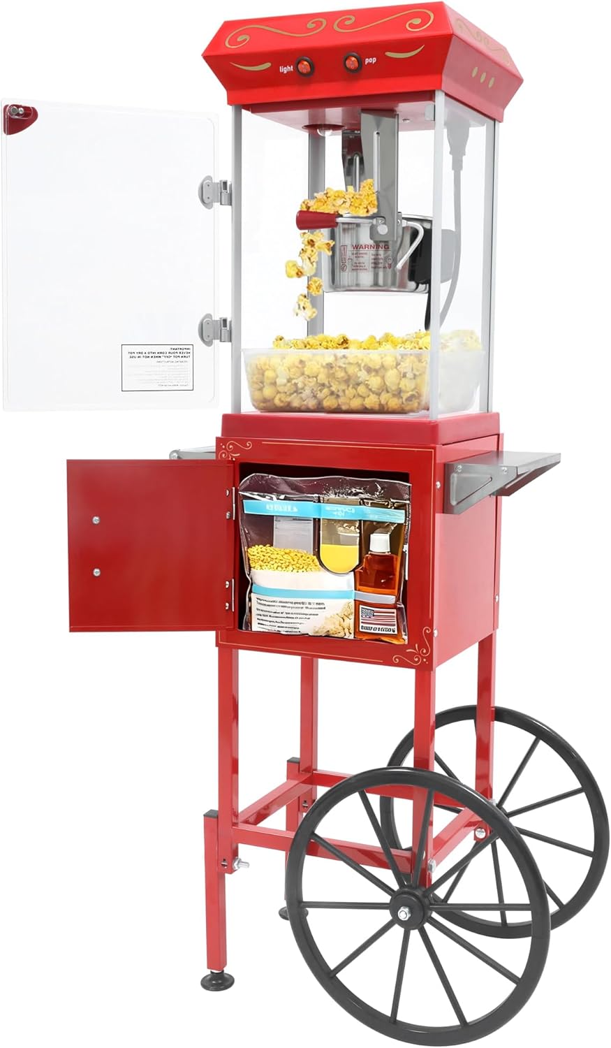 Popcorn Machine with Cart & Wheels 8OZ - Pop corn Machine Maker with Stainless Steel Kettle, Popcorn Maker Machine for Home, Theater Style, Parties, Christmas, Outdoor Use,School, Red