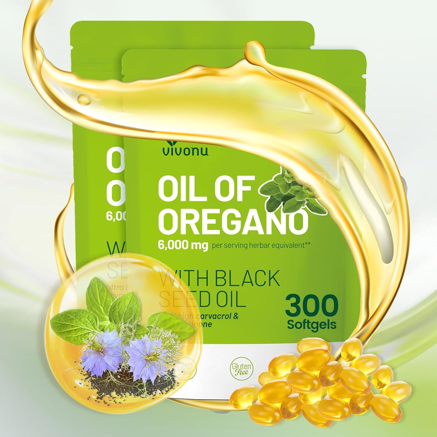 VivoNu Oil of Oregano Capsules, Balanced Oil of Oregano with Black Seed Oil, Organic Oregano Oil Softgels,Carvacrol,Thymoquinone, Non-GMO