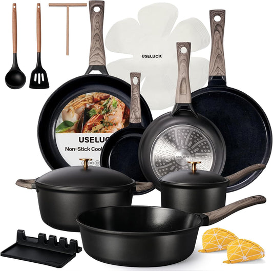USELUCK 21Pcs Pots and Pans Set with Aluminum Lid, Nonstick Ti-Ceramic Cookware Sets, Induction Cookware Non Stick Cooking Set w\/Frying Pans & Saucepans(PFOS, PFOA Free)-Black