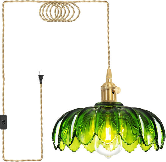 Beser·Win Plug in Pendant Light, Hanging Lights with Plug in Cord, Hanging Light Fixture with Green Glass, E26 Pendant Lighting for Kitchen Island, Bedroom, Dining Room, Living Room