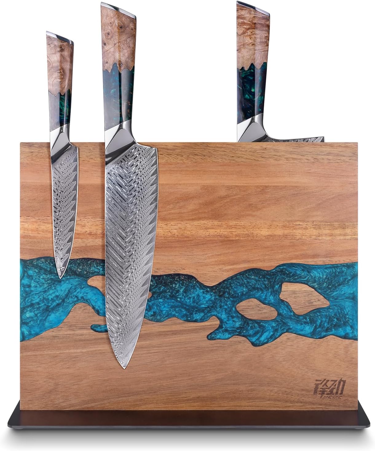 FINDKING Magnetic Knife Block, Double Sided Holder, Powerful Magnet Kitchen Storage, Acacia Wood and Blue Resin (12 x 10 Inches, Without Knives)