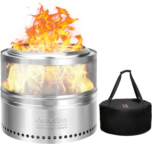 ONLYFIRE OUTDOOR LIVING Wood Burning Fire Pit with Carrying Bag, 19.5\u201D Detachable Portable Firepit for Camping Tailgating Patio Backyard Bonfire, Perforated Smokeless Fireplace, Stainless Steel FP037