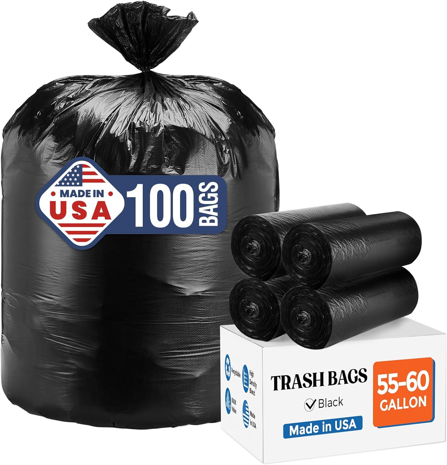 DELXO 55-60 Gallon Trash Bags, 100 Count Heavy Duty Large Black Garbage Bags, 23 Micron Thick Durable and Puncture-Resistant Plastic Bags for Kitchens, Yards & Offices, Made in USA