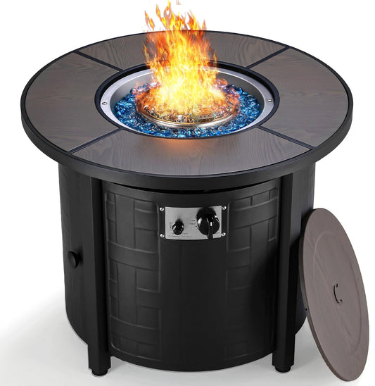 TLGREEN Propane Fire Pit Table 30in, 50,000 BTU Auto-Ignition Round Gas Fire Pit, Patio Furniture Outdoor and Indoor, Fire Table with Waterproof Cover, Blue Stone and Lid