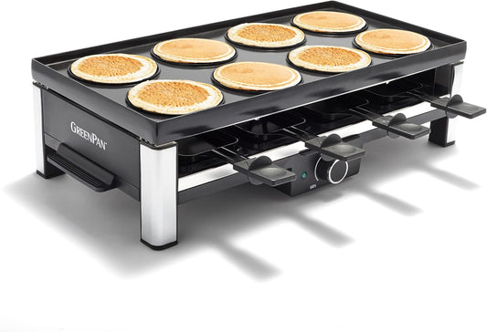 GreenPan Electrics Healthy Ceramic Nonstick, 3-in-1 Reversible Grill, Griddle & Raclette, PFAS-Free, Serves up to 8 People for Parties &Family Fun, Pancake Plate, 8 Mini Square Nonstick Pans& Spatulas