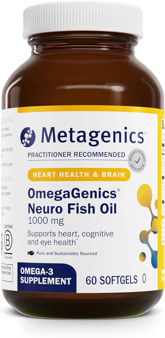 Metagenics OmegaGenics Fish Oil Neuro 1000 mg Omega Supplement for Brain Health & Function* - 750 mg DHA & 250 mg EPA - with No Fishy Taste - Sustainably Sourced - Non-GMO & Gluten-Free - 60 Softgels