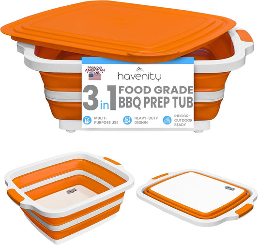 HAVENITY BBQ Prep Tub, 16L Multifunctional Camping Cutting Board with lid, Meat Prep Tub for Meal Prep Marinating Food, Tailgate Container with Lid, Collapsible Food Storage Containers (XL)