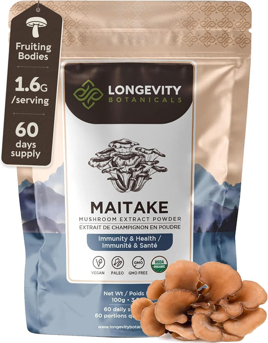 Longevity Botanicals Organic Maitake Mushroom Extract Powder 100g | Concentrated 10:1 Ratio | 100% Fruiting Bodies | Grifola frondosa Natural Supplement for Gut Health, Immunity & Cell Support
