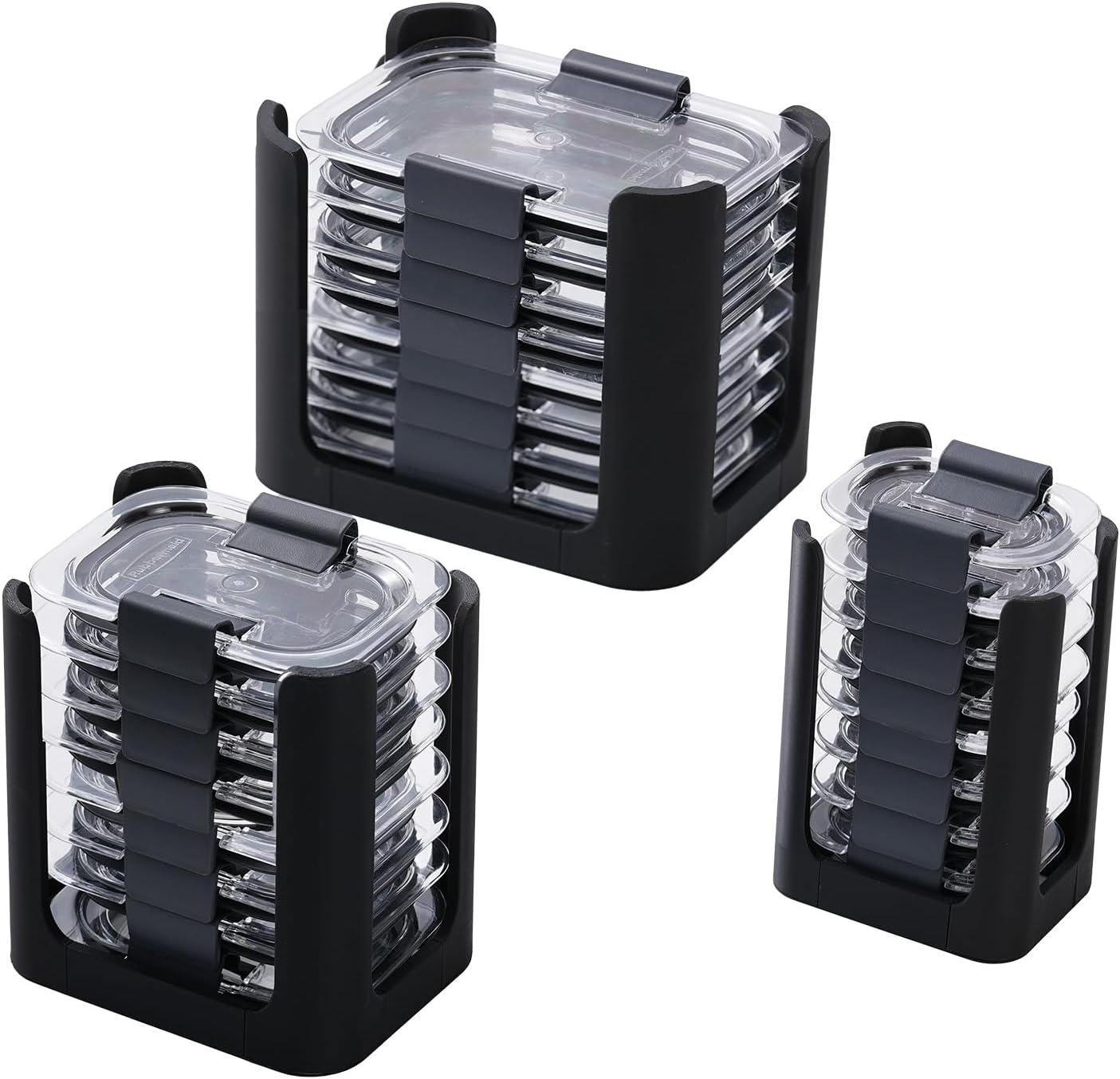 Food Container Lid Organizer for Rubbermaid Brilliances nap-on lids, Lid Organizer for Kitchen Cabinet Storage (3-Piece) - Holds 24 Lids for 4.7 Cup, 3.2 Cup, 1.3 Cup & 0.5 Cup Containers (Black)