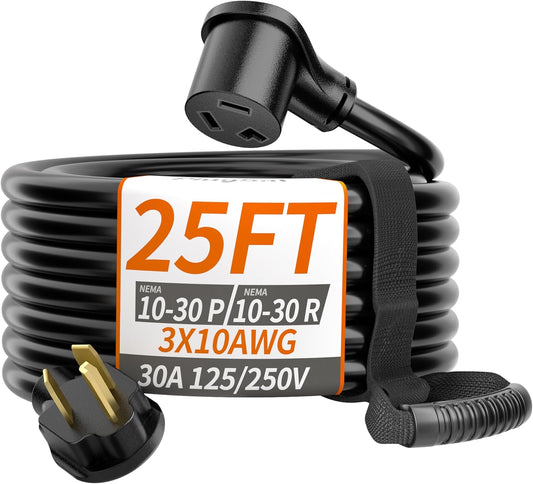 PlugSaf 30 AMP 3 Prong Dryer Cord 25 FT Outdoor Black, 10\/3 Gauge Dryer Extension Cord Heavy Duty, NEMA 10-30P to 10-30R EV Charging, 125V\/250V STW 10 Gauge ETL Listed