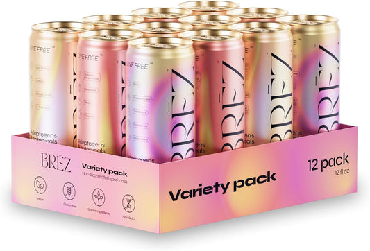 BRĒZ Mushroom Drink Variety Pack - Flow, Dream & Elevate - Lion\u2019s Mane, Reishi, Cordyceps Mushrooms, Non-Infused, Adaptogen Tonics for Focus, Sleep, Mood & Energy, Vegan, 12 fl oz Cans (12 Pack)