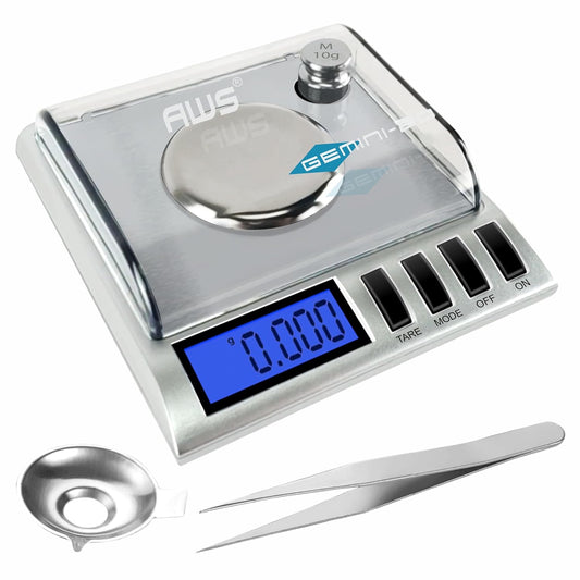AWS Gemini-20 Milligram Scale 20g x 0.001g\u2013Digital Jewelry\/Lab Scale for Powder, Gold, Gems \u2013 Includes Calibration Weights, Tweezers & Tray\u2013Tare, Cal, 6 Units (Gemini - 20 - Silver)