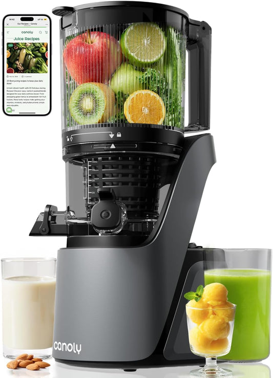 Canoly C16 Cold Press Juicer, 6" Extra Wide Feed Chute, 3-IN-1 Strainers (Juice & Sorbet & Nut Milk), Powerful AC Brushless Motor, Self Precut System, Juicer Machines with BPA-Free (Space Gray)