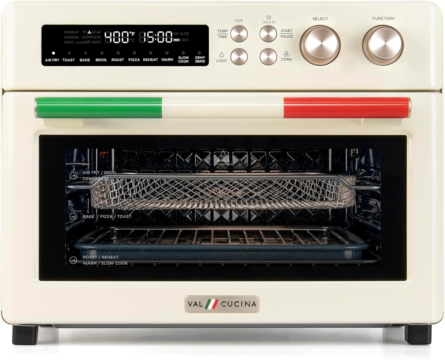 VAL CUCINA Air Fryer Toaster Oven Combo 10-in-1 Countertop Oven with Graphene Heating and True Convection, Non-Toxic Enamel Interior, Bake 12" Pizza, 6 Slices Toast, with Enamel Baking Pan Easy Clean